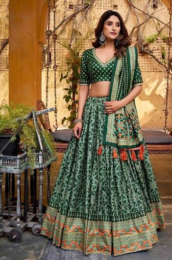 Green Tasar Silk Iconic Sparkle with Lace Border Lehenga with Choli Dupatta