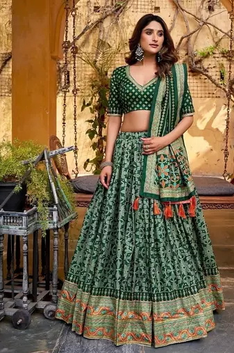 Green Tasar Silk Iconic Sparkle with Lace Border Lehenga with Choli Dupatta