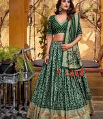 Green Tasar Silk Iconic Sparkle with Lace Border Lehenga with Choli Dupatta