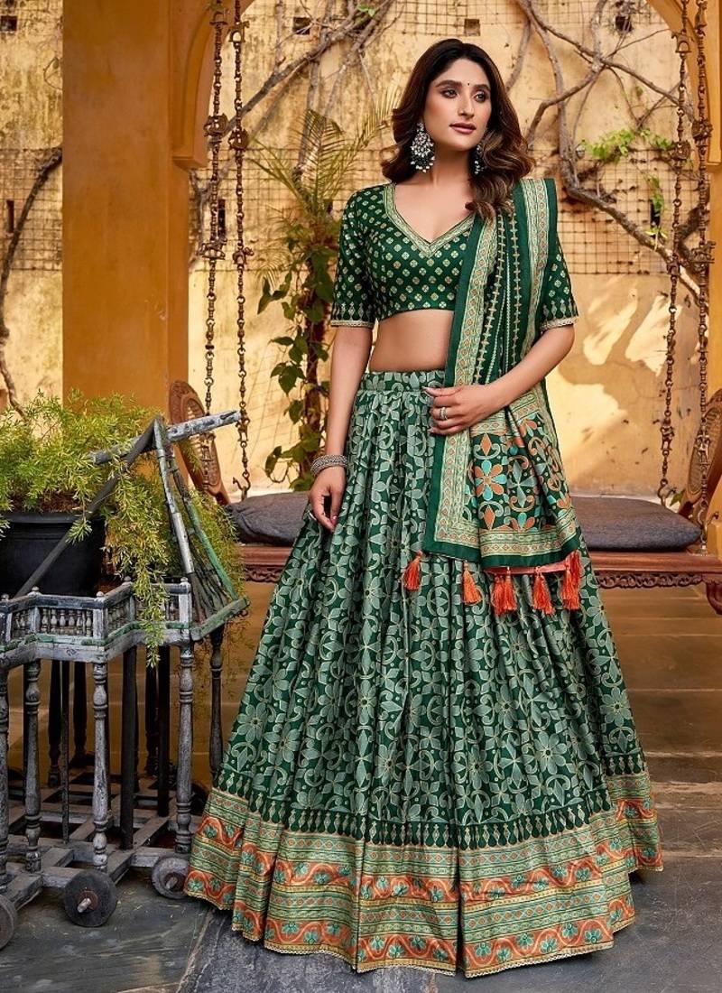 Green Tasar Silk Iconic Sparkle with Lace Border Lehenga with Choli Dupatta