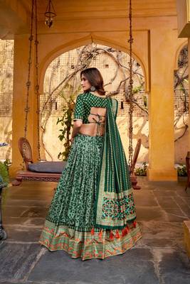 Green Tasar Silk Iconic Sparkle with Lace Border Lehenga with Choli Dupatta 2