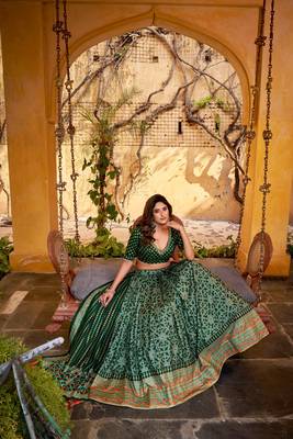 Green Tasar Silk Iconic Sparkle with Lace Border Lehenga with Choli Dupatta 3