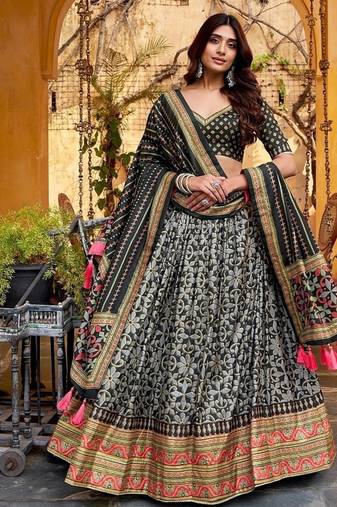 Black Tasar Silk Iconic Sparkle with Lace Border Lehenga with Choli Dupatta