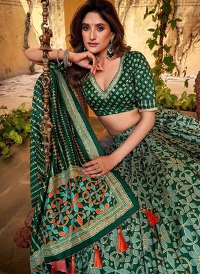 Green Tasar Silk Iconic Sparkle with Lace Border Lehenga with Choli Dupatta 4