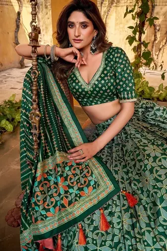 Green Tasar Silk Iconic Sparkle with Lace Border Lehenga with Choli Dupatta