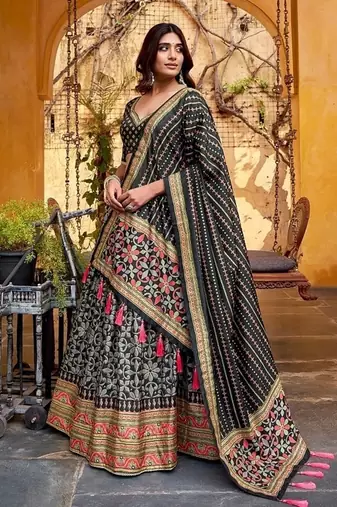 Black Tasar Silk Iconic Sparkle with Lace Border Lehenga with Choli Dupatta