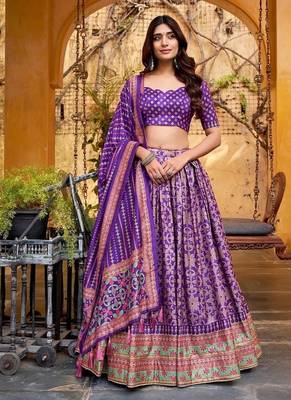 Purple Tasar Silk Iconic Sparkle with Lace Border Lehenga with Choli Dupatta 1