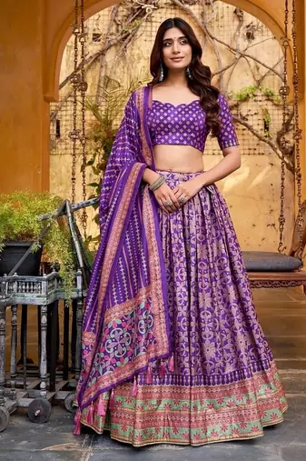 Purple Tasar Silk Iconic Sparkle with Lace Border Lehenga with Choli Dupatta