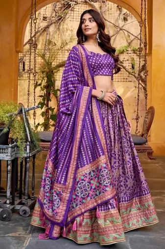 Purple Tasar Silk Iconic Sparkle with Lace Border Lehenga with Choli Dupatta