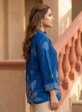 Ethnic Blue Crape Bandhani Printed shirt