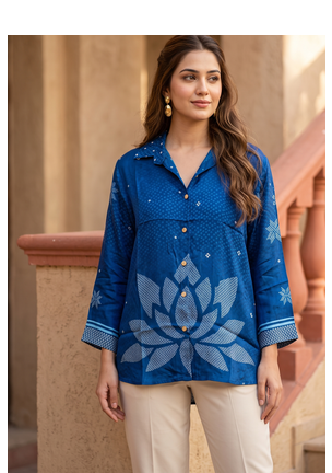 Ethnic Blue Crape Bandhani Printed shirt 3