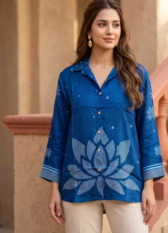 Ethnic Blue Crape Bandhani Printed shirt