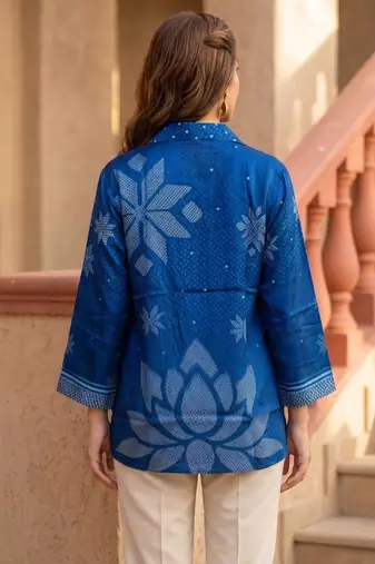 Ethnic Blue Crape Bandhani Printed shirt