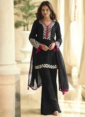 Black silk blend mirror embroidered work kurti bootcut bottom set with dupatta 1