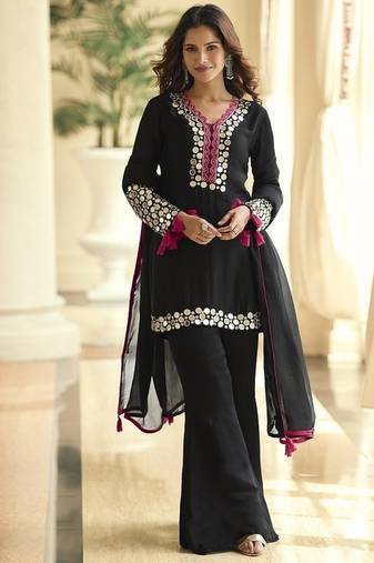Black silk blend mirror embroidered work kurti bootcut bottom set with dupatta