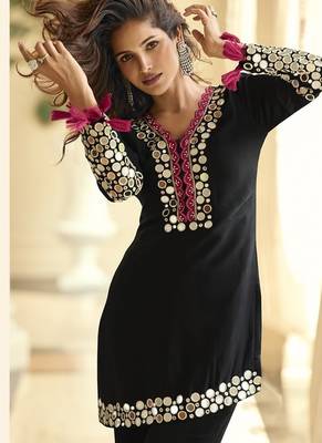 Black silk blend mirror embroidered work kurti bootcut bottom set with dupatta 2