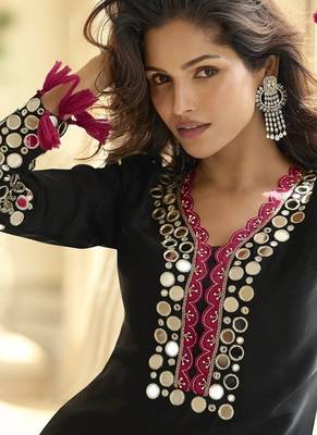 Black silk blend mirror embroidered work kurti bootcut bottom set with dupatta 3