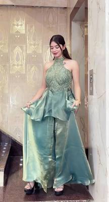 Sky Blue Color Beads Hand Work And Moti Work Silk Blend Salwar Suit 1