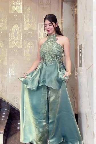 Sky Blue Color Beads Hand Work And Moti Work Silk Blend Salwar Suit