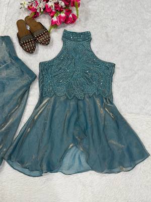 Sky Blue Color Beads Hand Work And Moti Work Silk Blend Salwar Suit 3