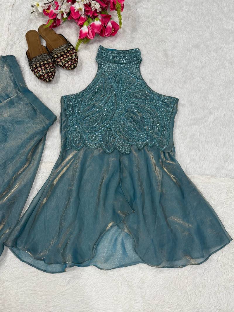 Sky Blue Color Beads Hand Work And Moti Work Silk Blend Salwar Suit