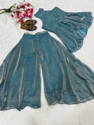 Sky Blue Color Beads Hand Work And Moti Work Silk Blend Salwar Suit 4