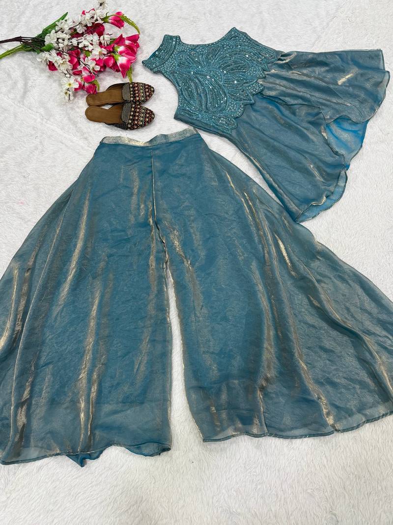 Sky Blue Color Beads Hand Work And Moti Work Silk Blend Salwar Suit