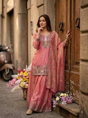 peach color embroidery sequins work silk blend kurti sharara set 1