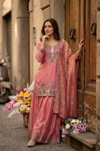 peach color embroidery sequins work silk blend kurti sharara set