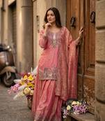 peach color embroidery sequins work silk blend kurti sharara set