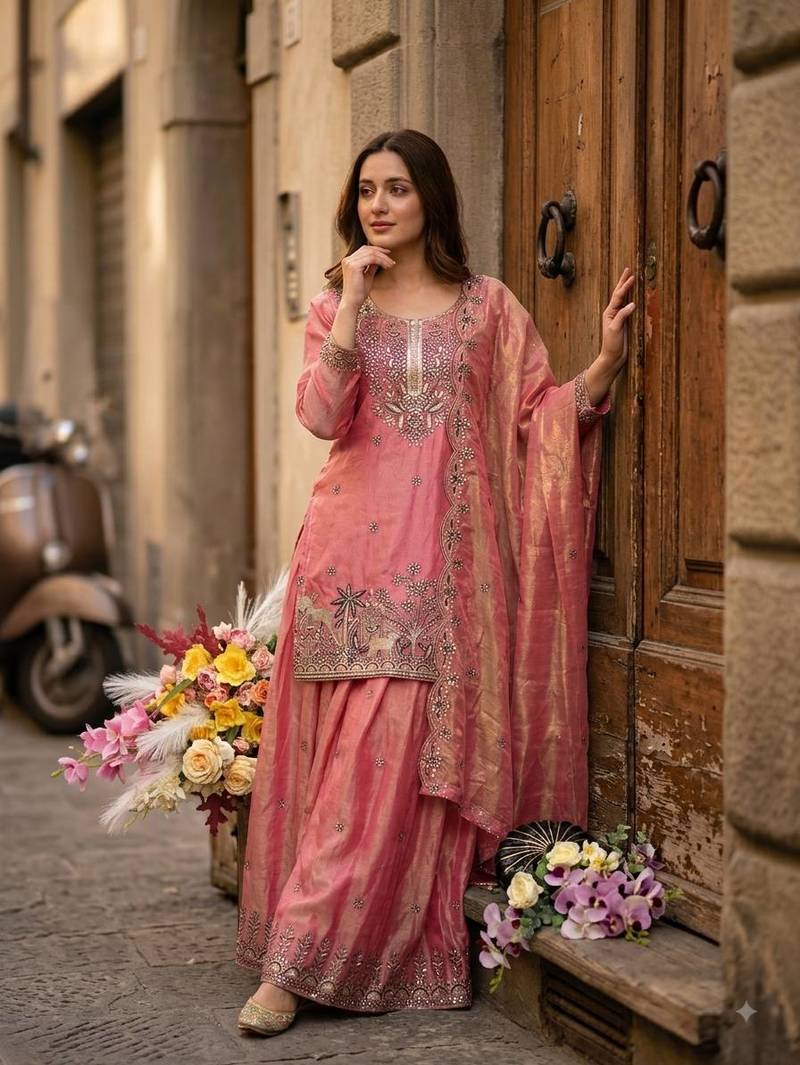 peach color embroidery sequins work silk blend kurti sharara set