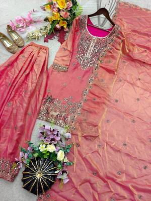 peach color embroidery sequins work silk blend kurti sharara set 2