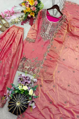 peach color embroidery sequins work silk blend kurti sharara set