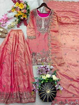 peach color embroidery sequins work silk blend kurti sharara set 3