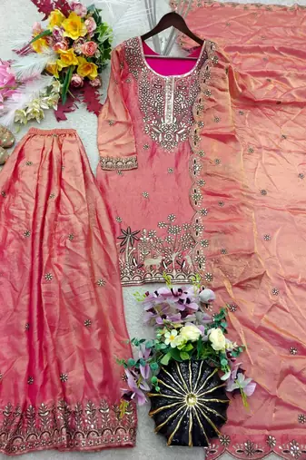 peach color embroidery sequins work silk blend kurti sharara set