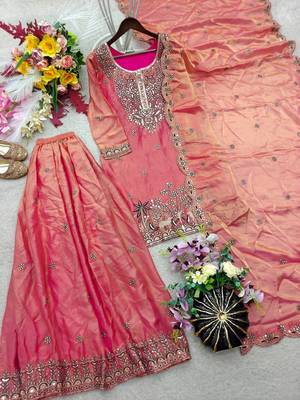 peach color embroidery sequins work silk blend kurti sharara set 4