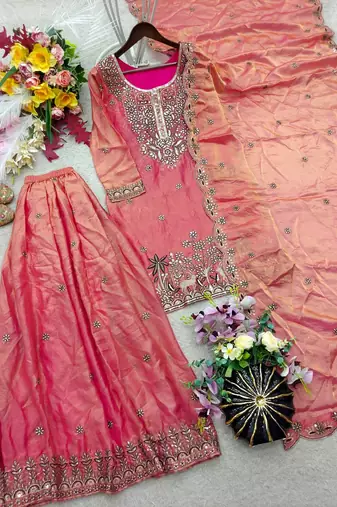 peach color embroidery sequins work silk blend kurti sharara set