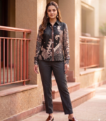 Ethnic Blue Crape Bandhani Printed shirt