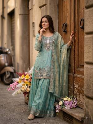 sky blue color embroidery sequins work silk blend kurti sharara set 1