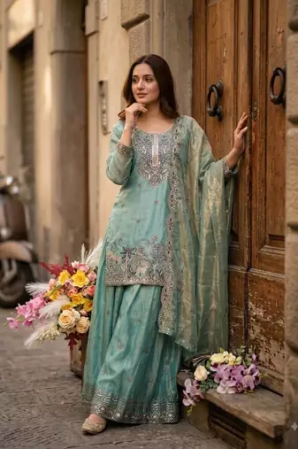 sky blue color embroidery sequins work silk blend kurti sharara set