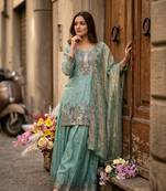 sky blue color embroidery sequins work silk blend kurti sharara set