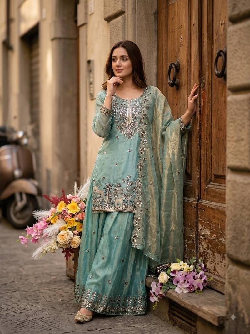 sky blue color embroidery sequins work silk blend kurti sharara set