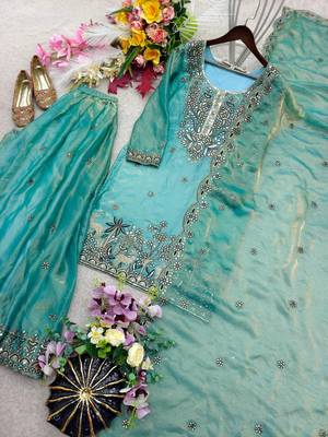 sky blue color embroidery sequins work silk blend kurti sharara set 2