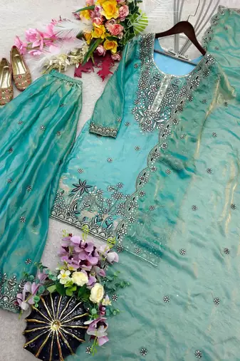 sky blue color embroidery sequins work silk blend kurti sharara set