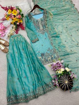 sky blue color embroidery sequins work silk blend kurti sharara set 3