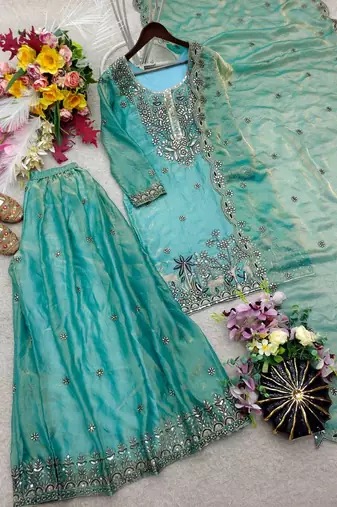 sky blue color embroidery sequins work silk blend kurti sharara set