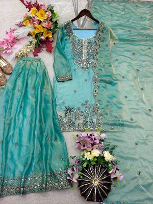 sky blue color embroidery sequins work silk blend kurti sharara set 4