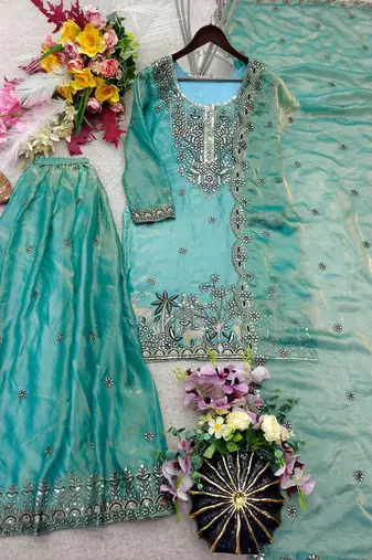sky blue color embroidery sequins work silk blend kurti sharara set