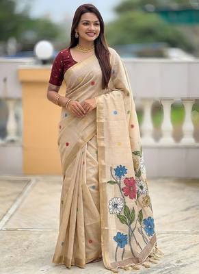 Cream cotton silk saree with colorful floral weaving pallu with blouse 1