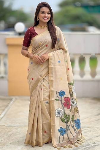 Cream cotton silk saree with colorful floral weaving pallu with blouse